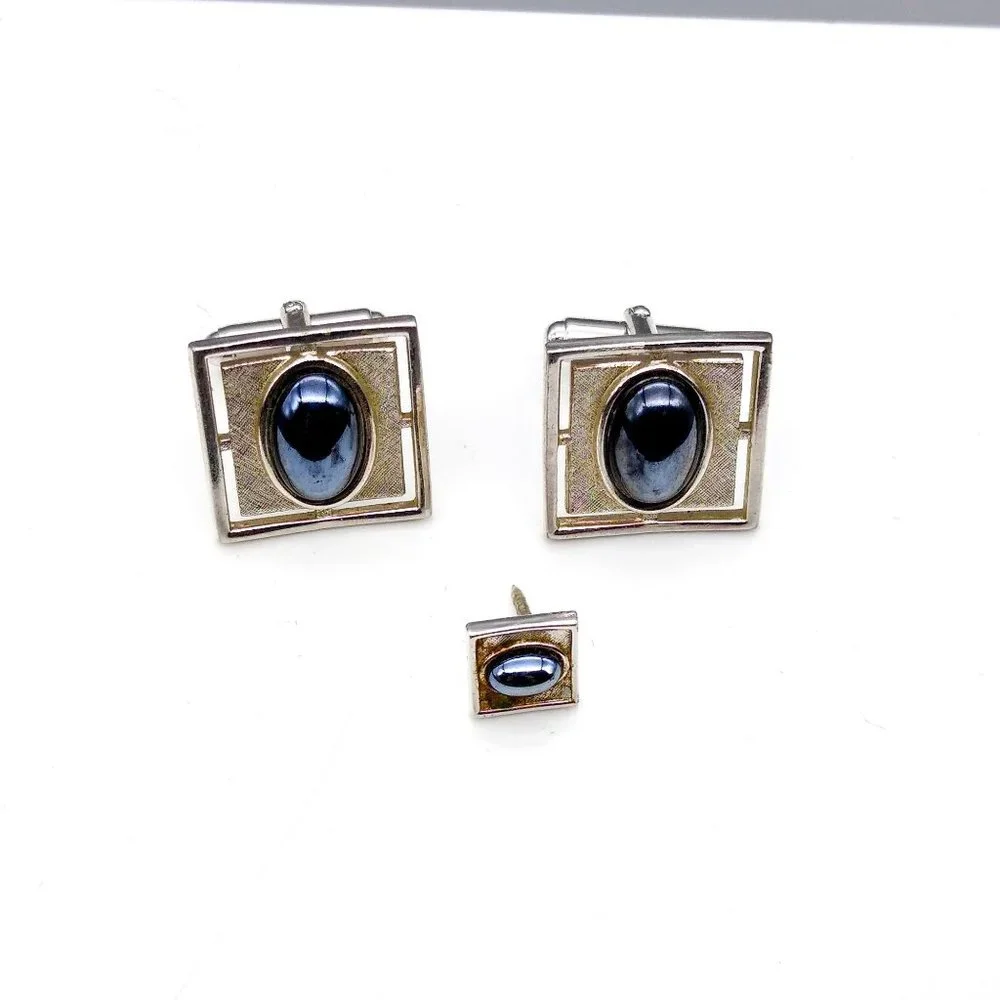 Vintage Anson Hematite Cuff Links and Tie Tack, Oval Cabochon Stone on Brushed